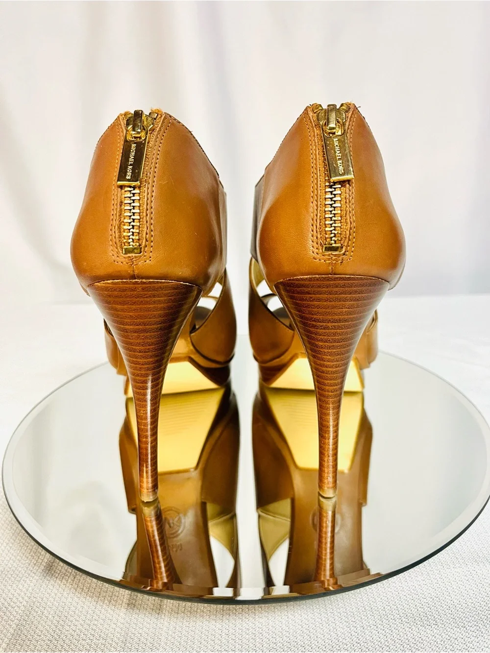 Michael Kors Cognac Peekaboo Toe Platform Stilettos with Zipper Back - 9.5M